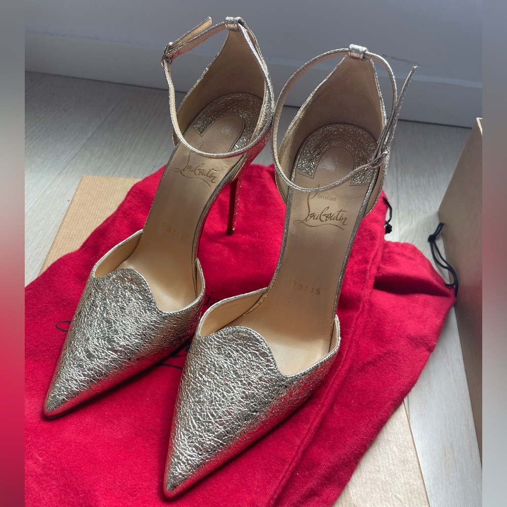 Christian Louboutin Tsarou Metallic Gold Heels with Strap (Pom Poms detached)